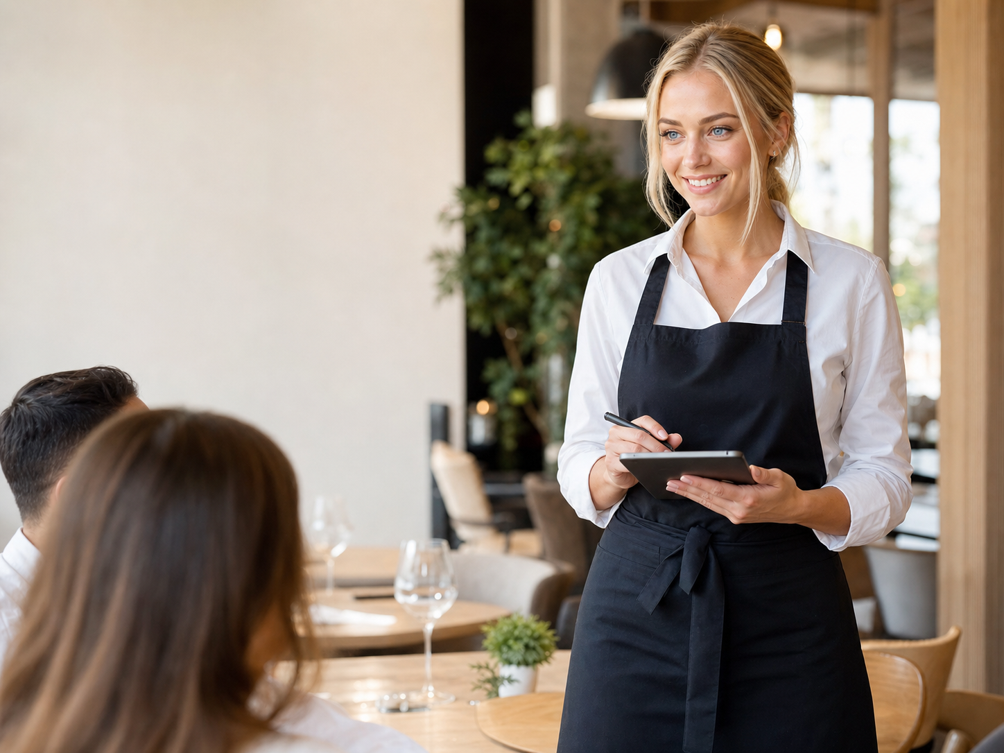 Uśmiechnięta kelnerka przyjmująca zamówienie w restauracji